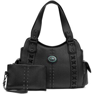 Women's Black Pu Leather Large Western Top Handle Vintage Embossed Shoulder Bag